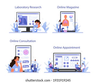 Phthisiatrician Online Service Or Platform Set. Human Pulmonary System. Tuberculosis Specialist Checking Lungs. Online Appointment, Consultation, Magazine, Laboratory Research. Vector Illustration