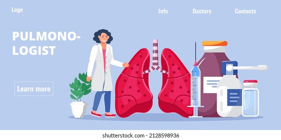 Phthisiologist, pulmonologist concept vector for the landing page, header, blog. Scene of tuberculosis, pneumonia, lung diagnosis x-ray machine, tiny doctors treat, scan lungs. Stop smoke.