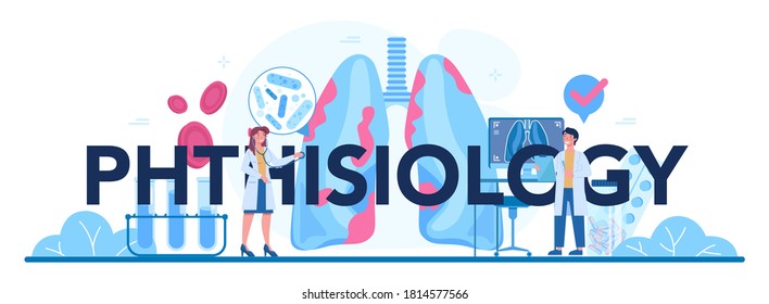 Phthisiology typographic header. Human pulmonary system. Idea of health and medical treatment. Doctor checking human lungs. Isolated vector illustration