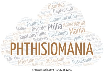 Phthisiomania word cloud. Type of mania, made with text only.