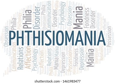 Phthisiomania word cloud. Type of mania, made with text only.
