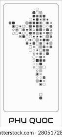 Phu Quoc digital style map. Large roundedSquare dots on white background. Dotted shape of the island. Phu Quoc map and title. Modern vector illustration.