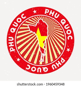 Phu Quoc round stamp. Logo of island with flag. Vintage badge with circular text and stars, vector illustration.