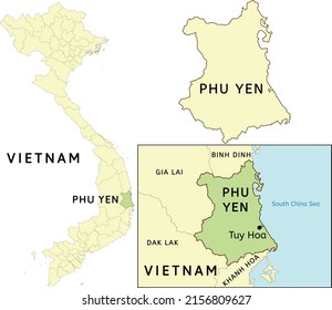 Phu Yen province location on map of Vietnam. Capital city is Tuy Hoa