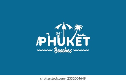 PHUKET-Strandlogo, Typografie-Stil auf blauem Hintergrund