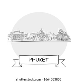 Phuket Cityscape Vector Sign. Line Art Illustration with Ribbon and Title.