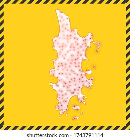 Phuket cerrado - señal de peligro de virus. Bloquear el icono de la isla. Borde rayado negro alrededor del mapa con concepto de propagación de virus. Ilustración vectorial.