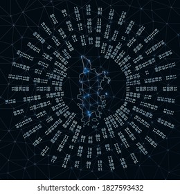 Phuket digital map. Binary rays radiating around glowing island. Internet connections and data exchange design. Vector illustration.