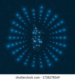 Phuket digital map with glowing rays radiating from the island. Features network connections and telecommunication design in a vector illustration.