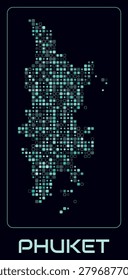 Phuket digital style map. Small roundedSquare dots on dark background. Dotted shape of the island. Phuket map and title. Stylish vector illustration.