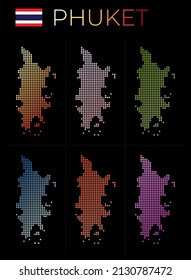Mapa de puntos de Phuket. Mapa de Phuket con un estilo punteado. Las fronteras de la isla están llenas de hermosos círculos de gradientes lisos. Elegante ilustración vectorial.