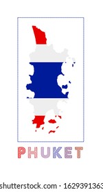 Phuket Logo. Map of Phuket with island name and flag. Authentic vector illustration.