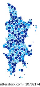 Phuket Map mosaic of small circles in different sizes and blue color tinges. Scattered round elements are composed into Phuket Map mosaic. Vector geographical blue map design concept.