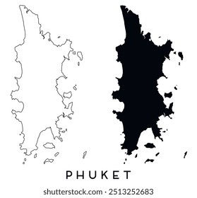 Phuket-Kartenkontur und schwarze Silhouette Vektor