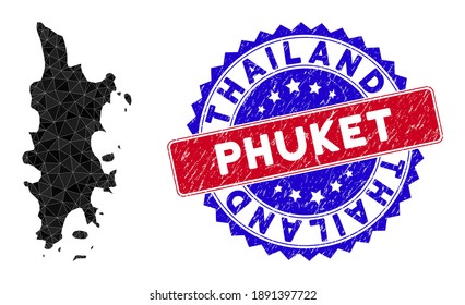 Phuket map polygonal mesh with filled triangles, and unclean bicolor stamp seal. Triangle mosaic Phuket map with triangular vector model, triangles have various sizes, and positions, and color shades.