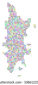 Phuket map. Vector abstraction of geographic plan. Regular pattern is organized from x-cross pixels in different colors. Abstract pixelated Phuket map designed for political and economical projects.