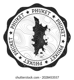 Phuket outdoor stamp. Round sticker with a map of the island with topographic isolines. Vector illustration. Can be used as insignia, logotype, label, sticker or badge of Phuket.