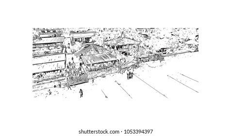 Phuket, a rain forested, mountainous island in the Andaman Sea, has some of Thailand’s most popular beaches. Hand drawn sketch illustration in vector.
