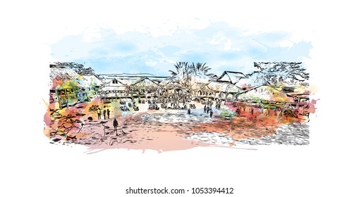 Phuket, a rain forested, mountainous island in the Andaman Sea, has some of Thailand’s most popular beaches. watercolor splash with Hand drawn sketch illustration in vector.