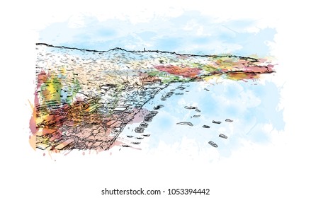 Phuket, a rain forested, mountainous island in the Andaman Sea, has some of Thailand’s most popular beaches. watercolor splash with Hand drawn sketch illustration in vector.
