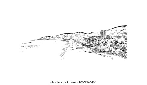 Phuket, a rain forested, mountainous island in the Andaman Sea, has some of Thailand’s most popular beaches. Hand drawn sketch illustration in vector.