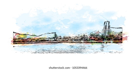 Phuket, a rain forested, mountainous island in the Andaman Sea, has some of Thailand’s most popular beaches. watercolor splash with Hand drawn sketch illustration in vector.