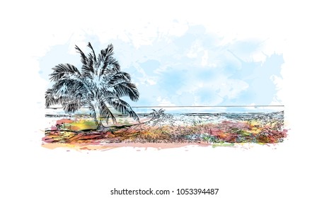 Phuket, a rain forested, mountainous island in the Andaman Sea, has some of Thailand’s most popular beaches. watercolor splash with Hand drawn sketch illustration in vector.