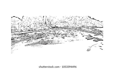 Phuket, a rain forested, mountainous island in the Andaman Sea, has some of Thailand’s most popular beaches. Hand drawn sketch illustration in vector.
