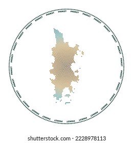 Phuket round logo. Digital style shape of Phuket in dotted circle with island name. Tech icon of the island with gradiented dots. Powerful vector illustration.