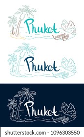 Phuket set of lettering with linear illustration of boats. Isolated vector illustration is perfect for t shirts, cups, cards, posters. 