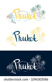 Phuket set of lettering with linear illustration of boats. Isolated vector illustration is perfect for t shirts, cups, cards, posters. 