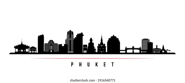 Phuket skyline horizontal banner. Black and white silhouette of Phuket, Thailand. Vector template for your design. 