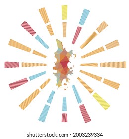 Phuket sunburst. Low poly striped rays and map of the island. Elegant vector illustration.