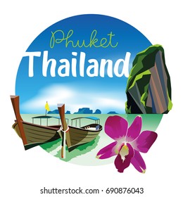 Phuket Thailand Beach Scenery Illustration with orchid