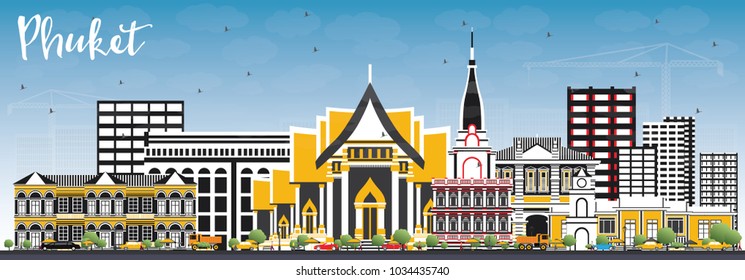 Phuket Thailand City Skyline with Color Buildings and Blue Sky. Vector Illustration. Business Travel and Tourism Concept with Modern Architecture. Phuket Cityscape with Landmarks.