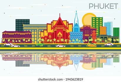 Phuket Thailand City Skyline with Color Buildings, Blue Sky and Reflections. Vector Illustration. Business Travel and Tourism Concept with Modern Architecture. Phuket Cityscape with Landmarks.