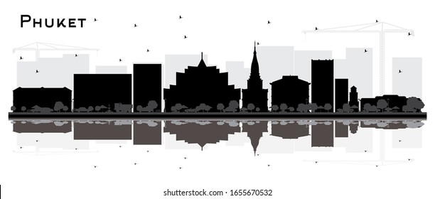 Phuket Thailand City Skyline Silhouette with Black Buildings and Reflections Isolated on White. Vector Illustration. Business Travel and Tourism Concept with Modern Architecture. Phuket Cityscape.