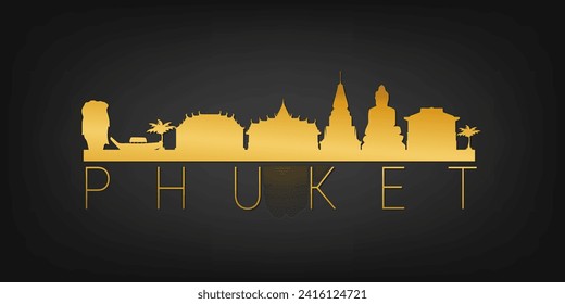 Phuket, Thailand Gold Skyline City Silhouette Vector. Golden Design Luxury Style Symbol Symbole. Reisen und Tourismus Berühmte Gebäude.