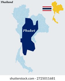 Phuket Thailand Map with Flag - Andaman Sea Island Province, Patong Beach and Old Town Vector Outline.earth