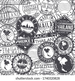 Phuket, Thailand Set of Stamps. Travel Passport Stamps Pattern. Made In Product. Design Seals in Old Style Insignia Seamless. Icon Clip Art Vector Collection.