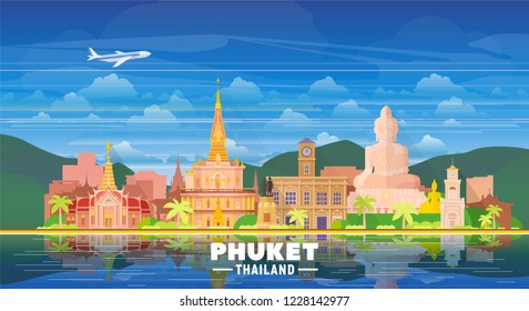 Phuket ( Thailand ) skyline with panorama in colors background. Vector Illustration. Business travel and tourism concept with modern buildings.