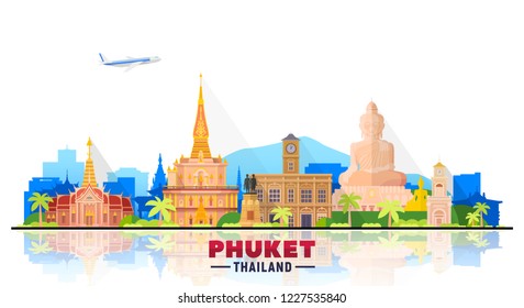 Phuket ( Thailand ) skyline with panorama in white background. Vector Illustration. Business travel and tourism concept with modern buildings.