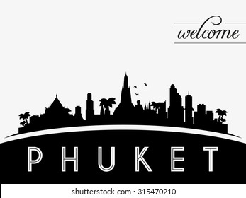 Phuket Thailand skyline silhouette, black and white design, vector illustration
