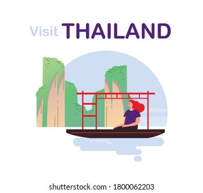 Phuket Thailand summer vacation trips. Traveller girl rides a boat surrounded by dy landmarks. Woman sitting in a boat in Thailand. James Bond Island in Phang Nga Bay.