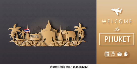 Phuket Thailand Travel postcard panorama, poster, tour advertising of world famous landmarks of Thailand in paper cut style. Vector illustration.