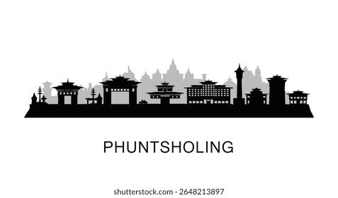 Phuntsholing Bhutan Skyline Black Silhouette.
