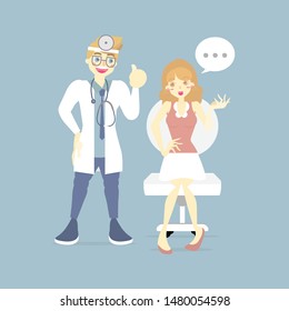 phychiatrist listening to female patient, doctor, mental health care, medical examination concept, flat character design clip art vector illustration