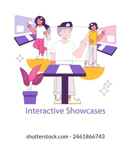 Phygital concept. Blending digital and physical worlds through interactive showcases. Users engaging with immersive technology in a hybrid space. Vector illustration.