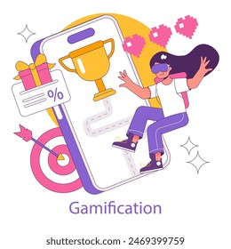 Phygital concept illustration. A person interacts with a smartphone integrating rewards, targets, and pixels representing gamified experiences. Online and offline engagement blend. Vector illustration