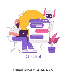 Phygital concept. Man interacts with a chatbot for instant customer service. Digital and physical blend for enhanced communication. Vector illustration.